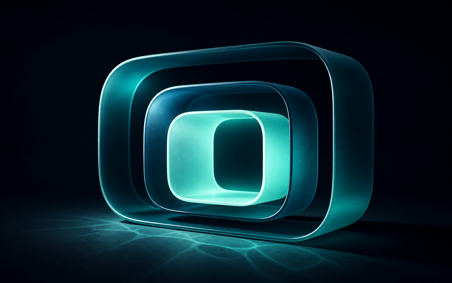 Three nested teal glass chambers with a luminous mint centre.