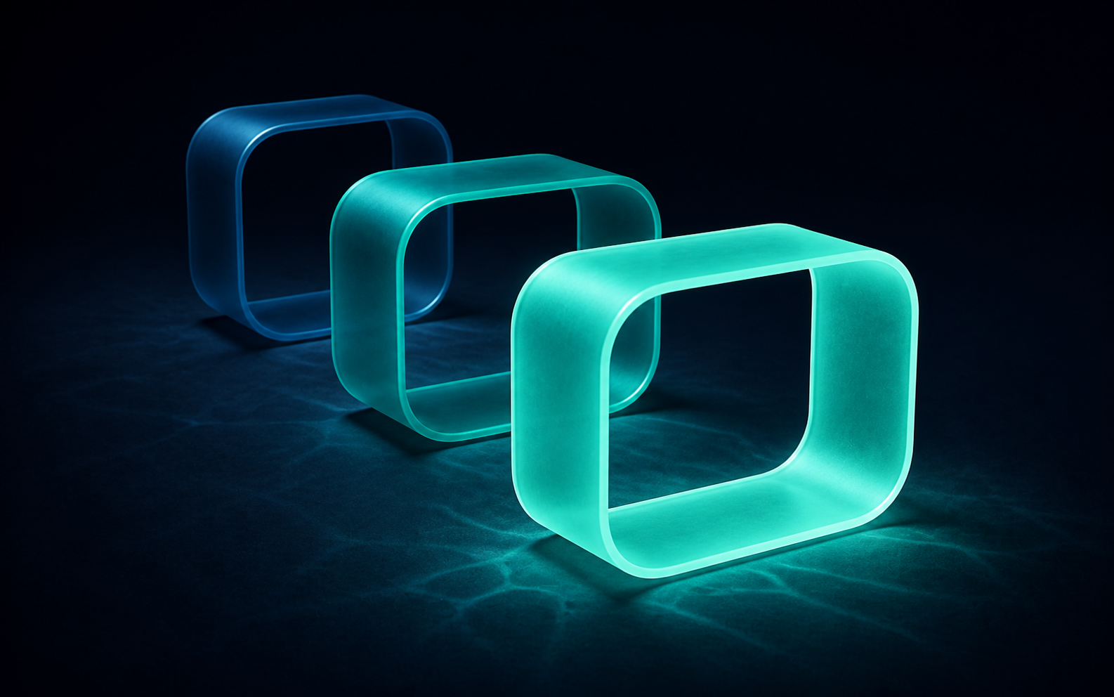 Three glass chambers receding in sequence from mint to deep teal.